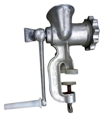 Beyaz arkaplanda alüminyum et öğütücüsünde çalışmayan eski el kitabı