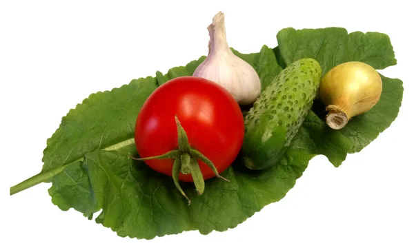 Cipolla Fresca Pomodoro Rosso Cetriolo Aglio Foglia Verde Fondo Bianco — Foto Stock