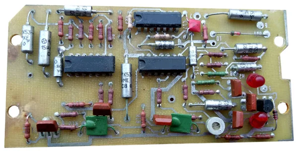 Placa Circuito Impresso Não Trabalhando Com Peças Rádio Fundo Branco — Fotografia de Stock