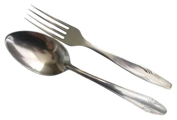 白色背景的不锈钢台叉和勺子 — 图库照片