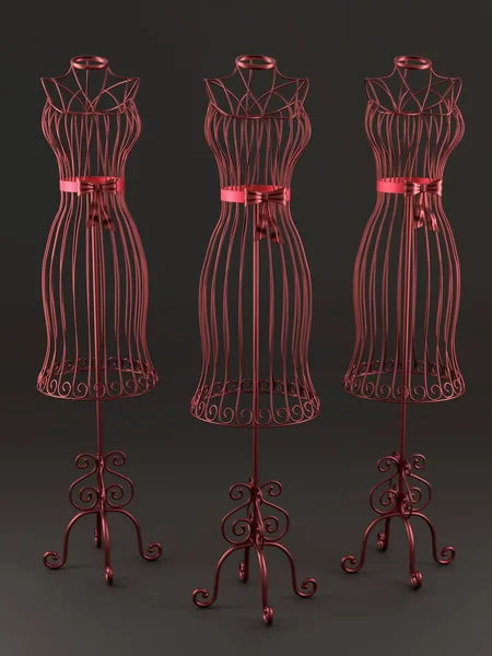 Três Manequins Alfaiate Arame Vermelho Elegantes Contexto Marrom Escuro — Fotografia de Stock