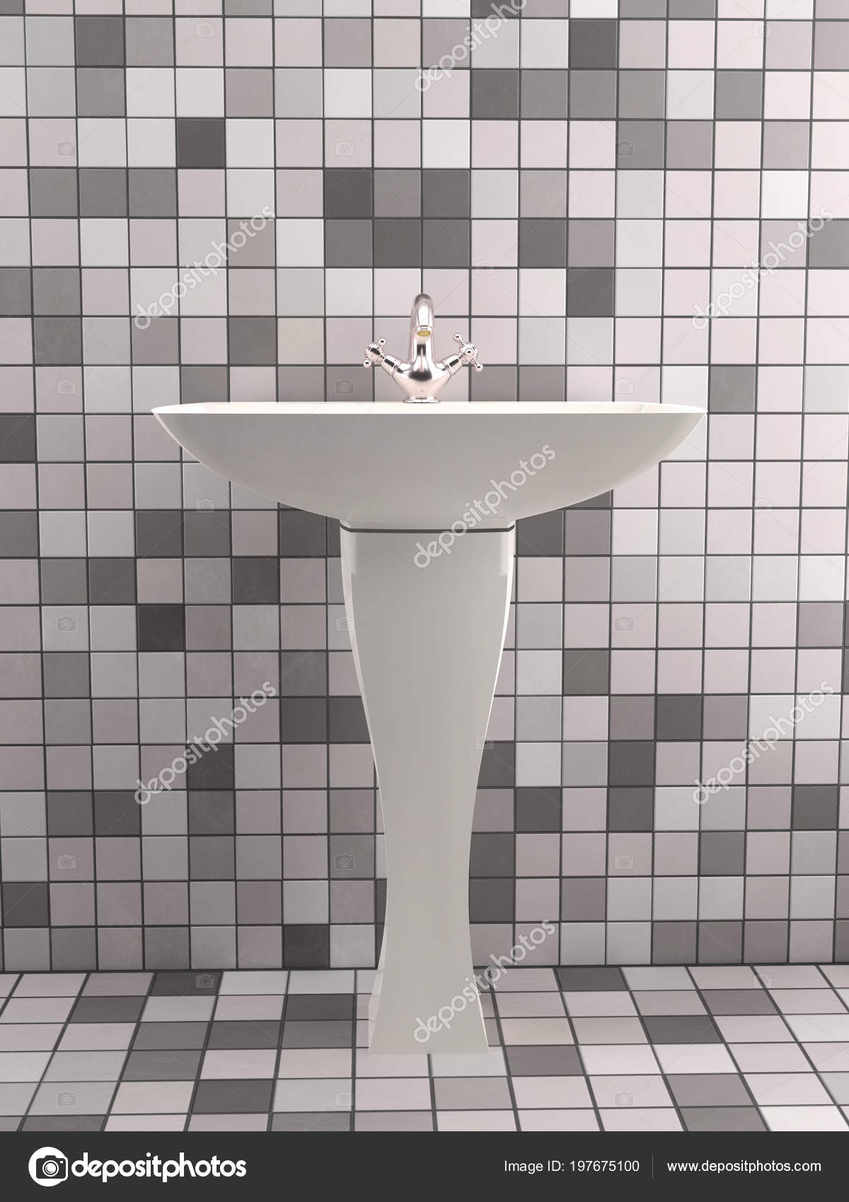 Modern Bathroom Washbasin Chrome Faucet Tiled Wall Floor Stock