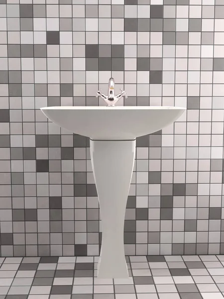 Lavatório Banheiro Moderno Com Torneira Cromada Parede Piso Azulejos — Fotografia de Stock