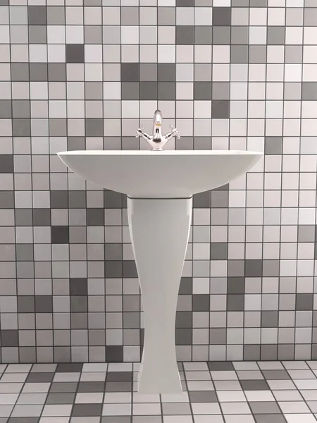 Salle Bain Moderne Lavabo Avec Robinet Chromé Mur Carrelé Plancher — Photo