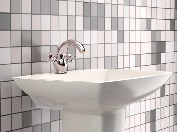 Lavatório Banheiro Moderno Com Torneira Cromada Parede Piso Azulejos — Fotografia de Stock