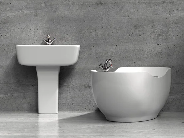 Modern Beyaz Banyo Lavabo Banyo Küvet Grunge Gri Duvar Zemin — Stok fotoğraf