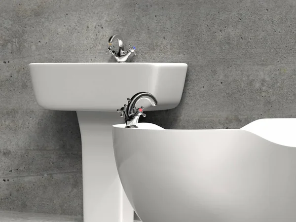 Moderno Bagno Bianco Lavabo Vasca Bagno Grunge Parete Grigia Pavimento — Foto Stock