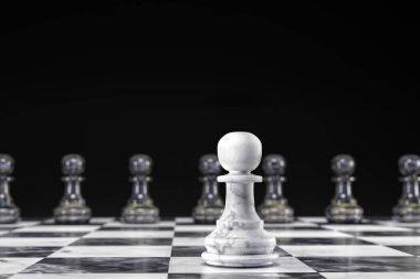 siyah ve beyaz mermer satranç piyon - 3D render satranç tahtasının siyah arka plan karşı sekiz siyah piyon karşı bir beyaz piyon