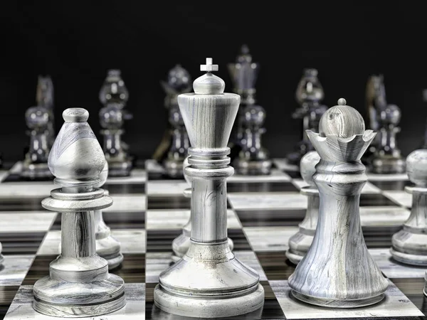 Činí Dřevěných Sadu Bílých Černých Šachové Figurky Šachovnici Černým Pozadím — Stock fotografie