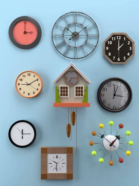 Rendering Various Types Shapes Wall Clocks Hung Light Blue Wall — Stock Photo, Image