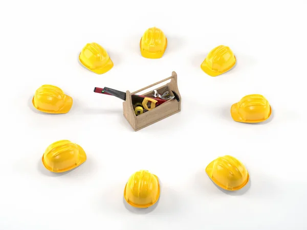 Wooden Toolbox Tools Surrounded Yellow Hard Hats White Background — Stock Photo, Image