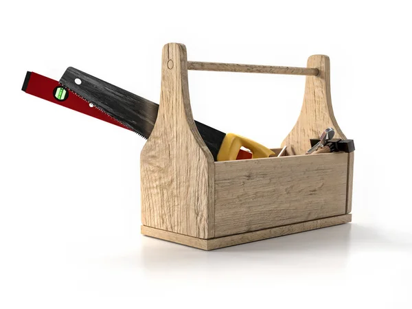 Houten Gereedschapskist Met Tools Witte Achtergrond — Stockfoto