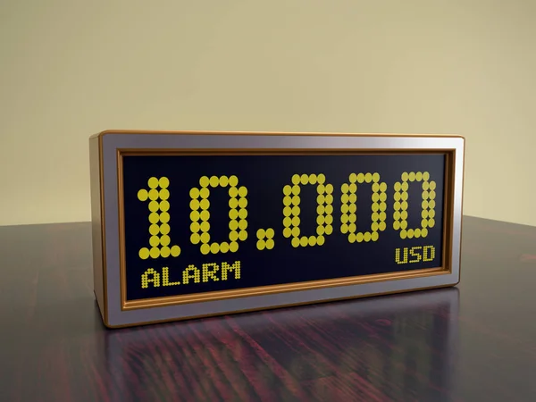 Relógio Alarme Moderno Mesa Madeira Exibindo 10000 Usd Quantidade Conceito — Fotografia de Stock