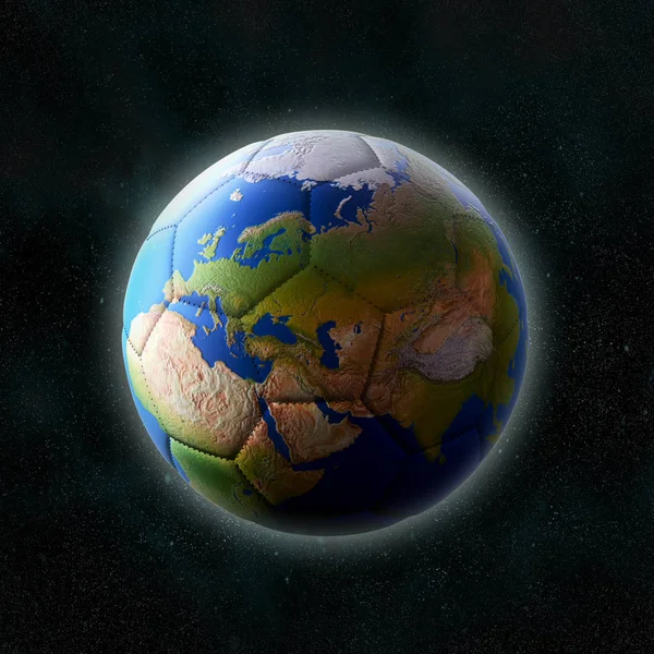 用恒星在外层空间放置的叠加行星地球大陆的足球渲染 — 图库照片