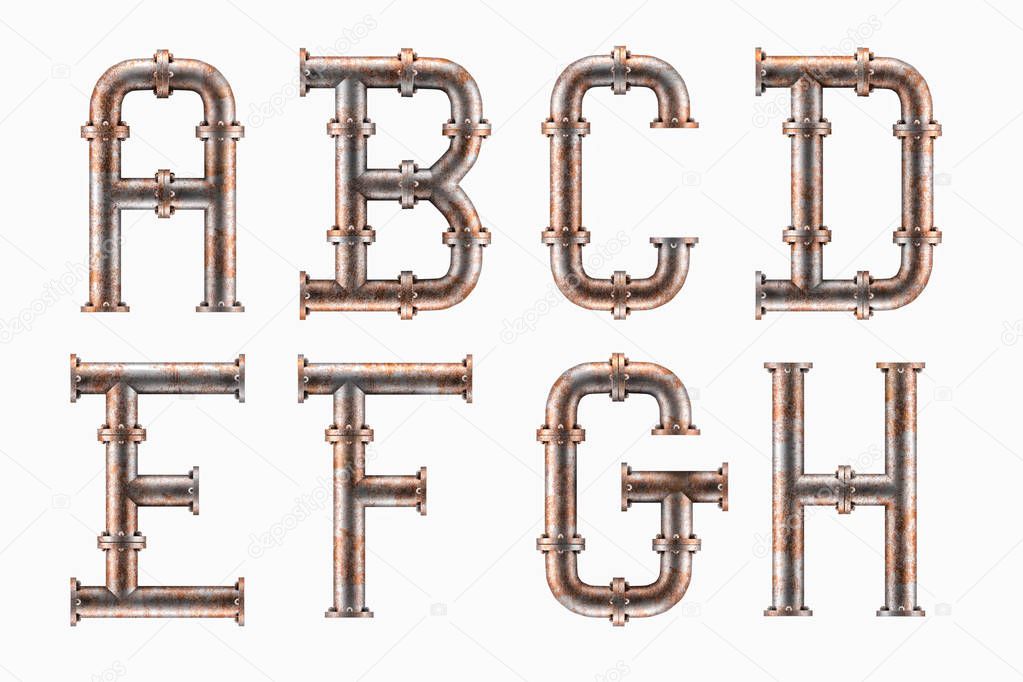 Alphabet made of rusty metal piping elements - letters A to H