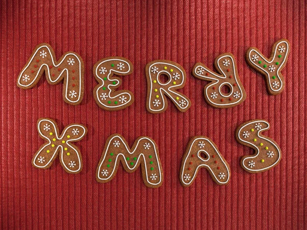 Merry Xmas Greeting Made Gingerbread Cookies Decorated Icing Red Knitted — Stock Photo, Image