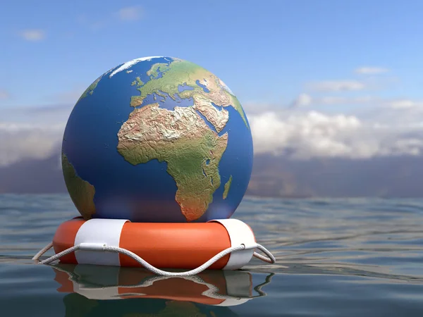 作为全球变暖意识概念 在海面上漂浮的橙色救生圈上的全球渲染 — 图库照片