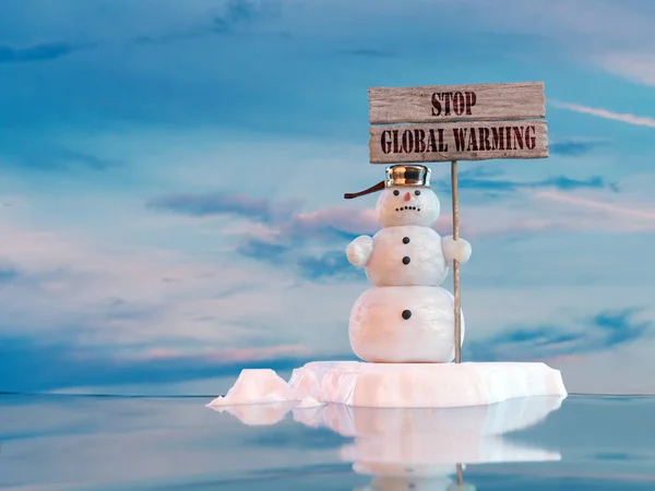渲染雪人拿着木透明与停止全球变暖短语漂浮在浮冰 — 图库照片