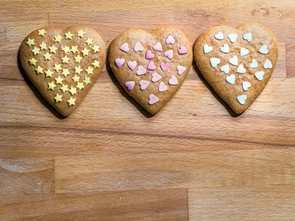 Christmas Heart Shaped Gingerbread Cookies Stars Heart Decoration Placed Wooden — Stock Photo, Image