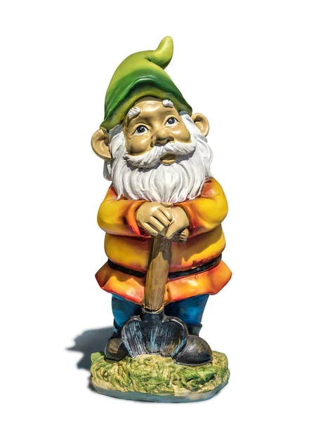 Klassieke Tuin Gnome Met Spade Witte Achtergrond Stockfoto