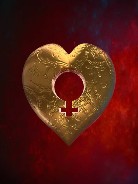 Rendered Golden Heart Hollow Feminine Symbol Red Background — Stock Photo, Image