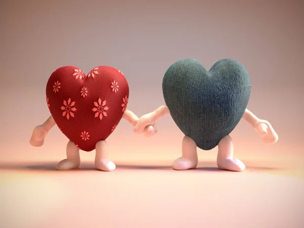 Darstellung Von Roten Weiblichen Und Blauen Männlichen Herzpaarfiguren Beim Händchenhalten — Stockfoto