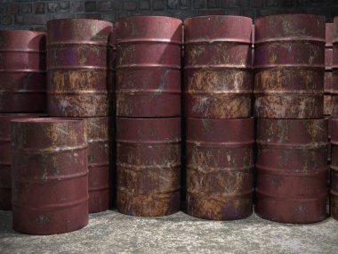 Eski depo eski paslı metal varil yığını