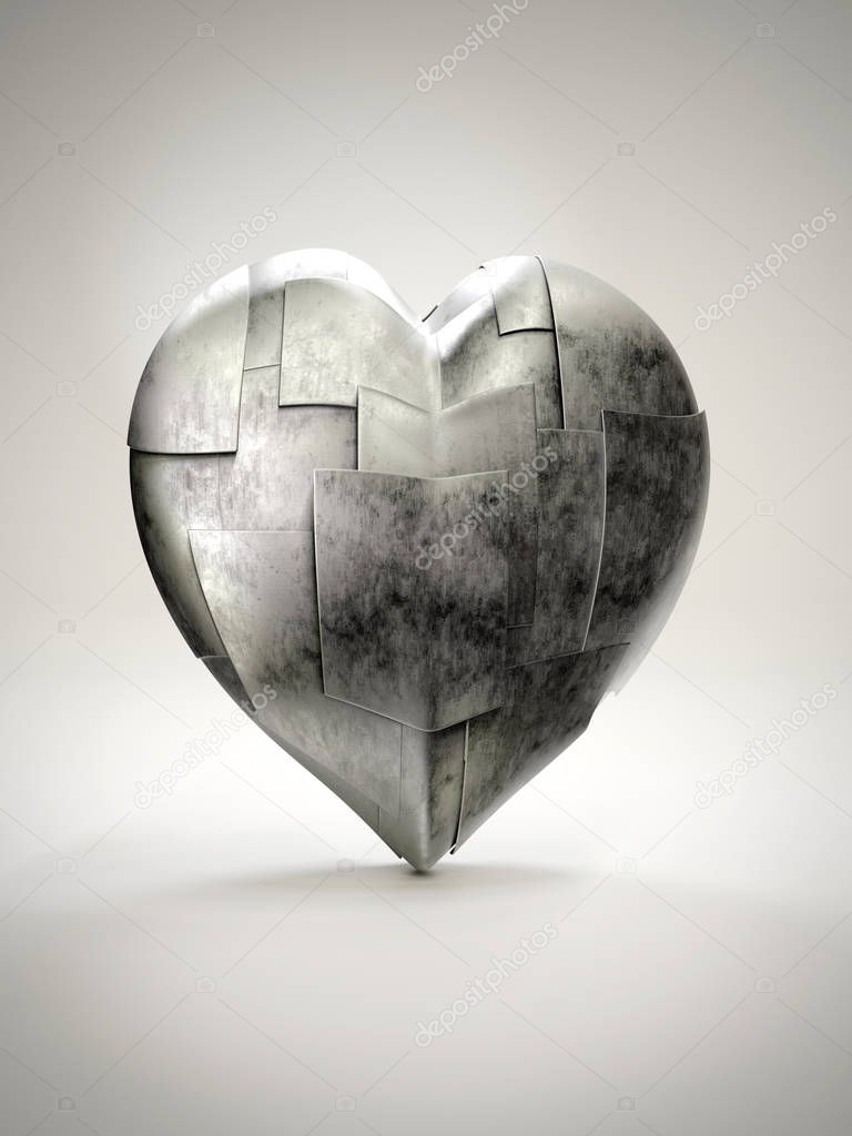 3D render of metal armoured heart on white background