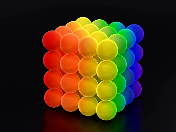 Render Van Kubus Gevormd Uit Gloeiende Ballen Kleuren Van Regenboog Stockafbeelding