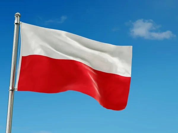 Render Polish Flag Attached Thee Pole Waving Sky — Stock Photo, Image