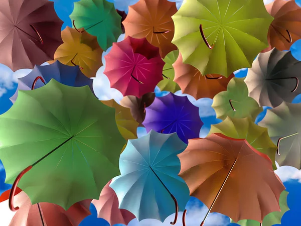 Rendu Parapluies Colorés Montant Haut Dans Ciel — Photo