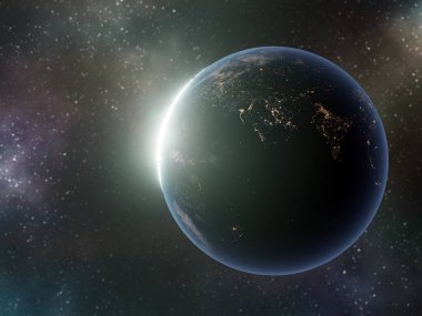 Planet Earth Güneş ile Arkadan renkli galaktik gökyüzü karşı Nasa tarafından döşenmiş bu görüntü bazı unsurları Yüksel - 3D render