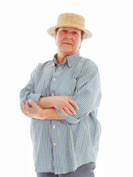 Ritratto di donna anziana casual in cappello di paglia — Foto Stock
