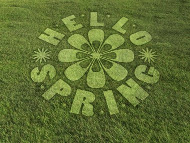 Hello Spring crop circle made on grassy meadow clipart