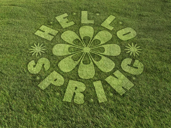 Hello Spring crop circle made on grassy meadow — Stock Photo, Image