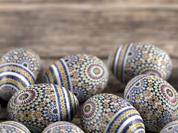 Ovos de Páscoa em mesa rústica de madeira — Fotografia de Stock