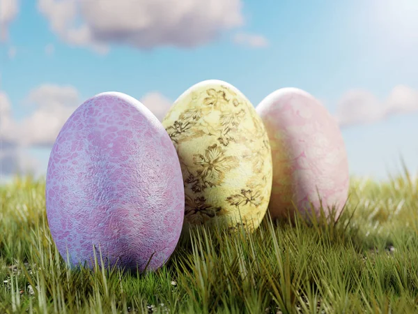 Render Three Painted Easter Eggs Grass Blue Sky — Stock Photo, Image