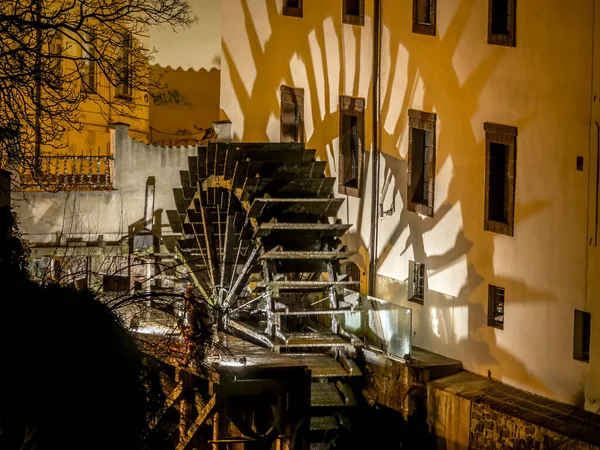 Historic Wooden Watermill Wheel Kampa Island Illuminated Night Prague Czech — Stock Photo, Image