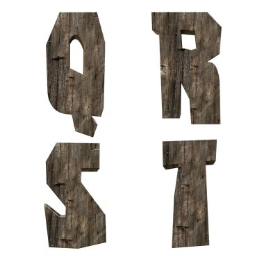 3 boyutlu ahşap rustik tahta alfabesi - beyaz arkaplanda Q-T harfleri