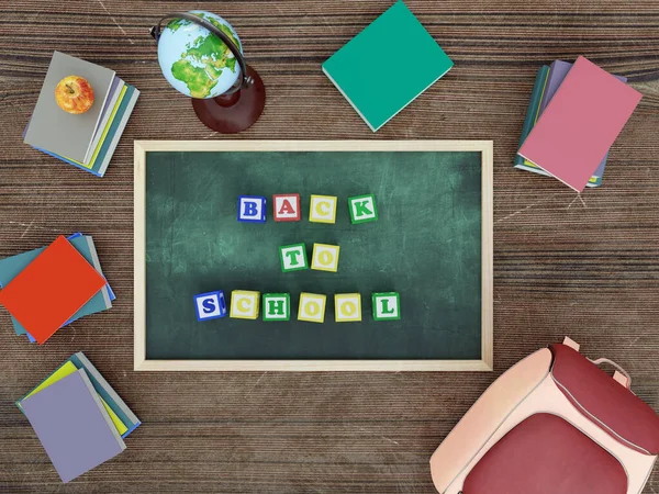 三维渲染绿色粉笔板 用木制字母表块布置成返校作业 书包和成堆的学校书籍散落在各处 — 图库照片