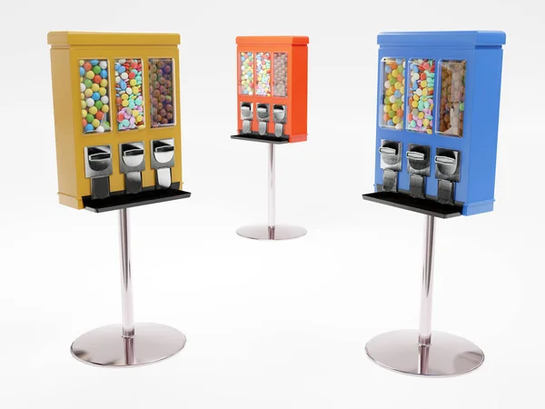 Rendering Von Gelben Roten Und Blauen Automaten Mit Bunten Bonbons — Stockfoto