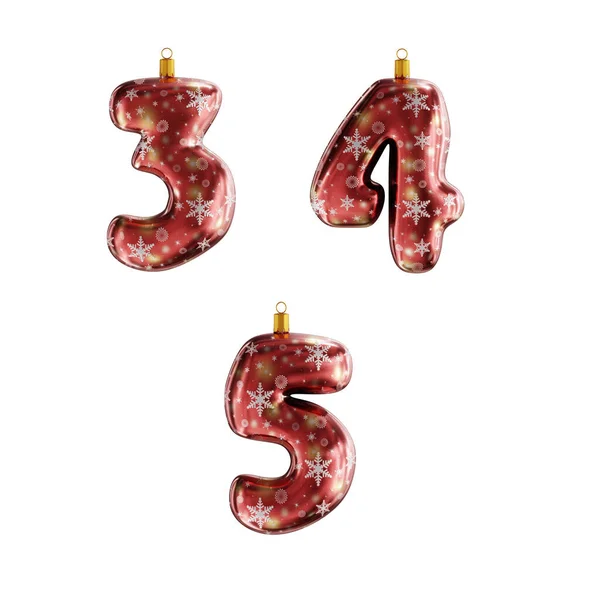ホワイトで撮影された赤いクリスマス飾りのアルファベットの3Dレンダリング 数字3 — ストック写真