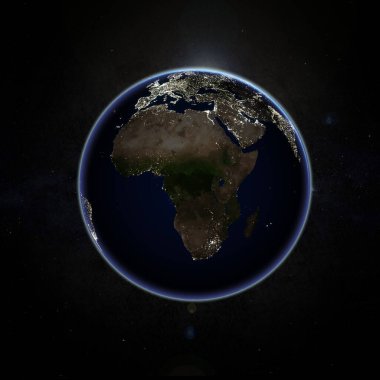 Galaktik gökyüzüne karşı gece parlayan şehir ışıklarıyla Dünya Gezegeni 'nin 3 boyutlu görüntüsü - NASA tarafından desteklenen bu görüntünün bazı unsurları