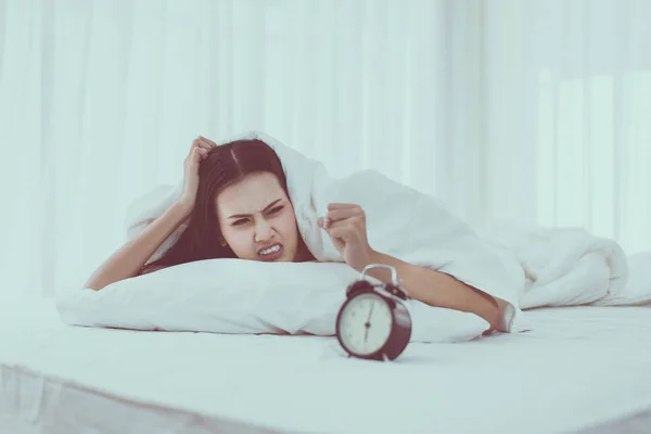 Bored Young Asian Woman Hates Getting Stressed Waking Early Clock — Stock Photo, Image