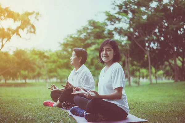 一对亚洲女人早上在公园里练习瑜伽 快乐和微笑 积极思考 健康和生活方式的概念 — 图库照片
