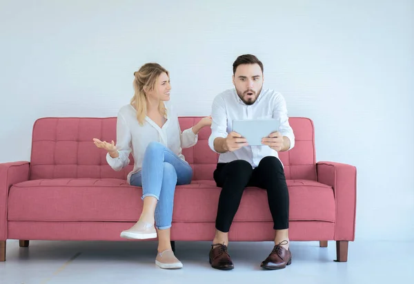 Bored Disregard Couple Lover Sitting Sofa Living Room House Together — Stock Photo, Image