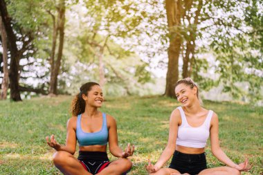 Sabahları parkta yoga yapan birkaç genç kadın sağlıklı ve yaşam tarzı konsepti.