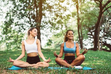 Sabahları parkta yoga yapan birkaç genç kadın sağlıklı ve yaşam tarzı konsepti.