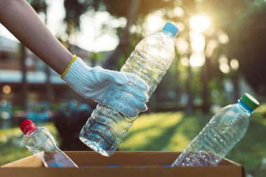 Eldiven giyen ve plastik şişeyi halka açık bir parkta kağıt kutuya koyan, geri dönüşüm ve atık yönetimi kavramını yok eden, çevre dostu