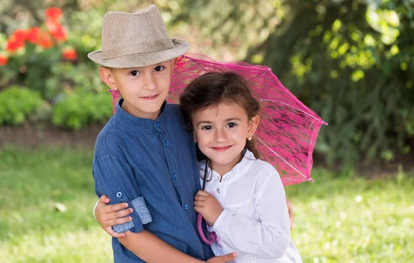 Smiling Sister Brother Posing Garden — Stock Photo, Image